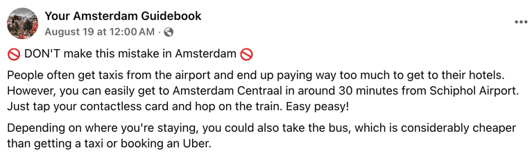Facebook group post screenshot of incorrect advice for train tickets Netherlands from the airport to the city.
