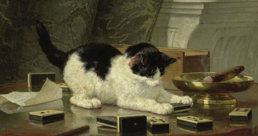 Detail of a Henriëtte Ronner-Knip painting: a black and white kitten batting at dominoes on a polished table.