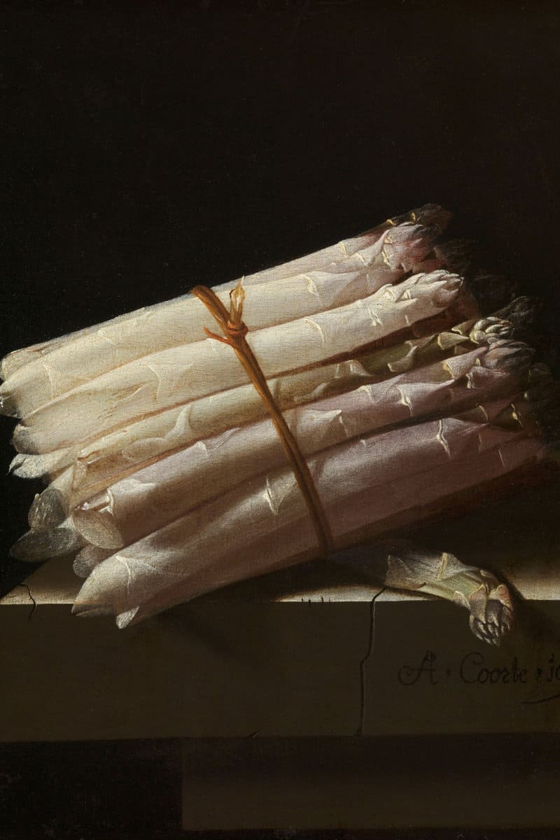 A still life with Asparagus, so real you wonder if it's not a photo.
