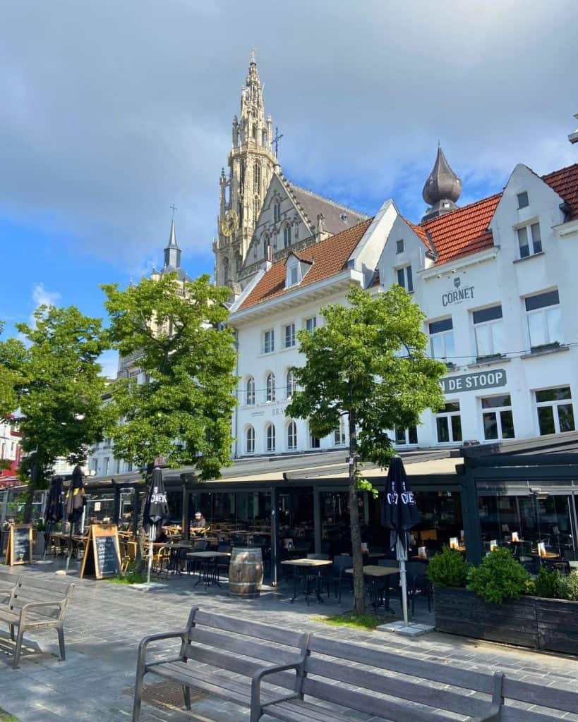 Beautiful view on Antwerp Old Town with church tower in background.