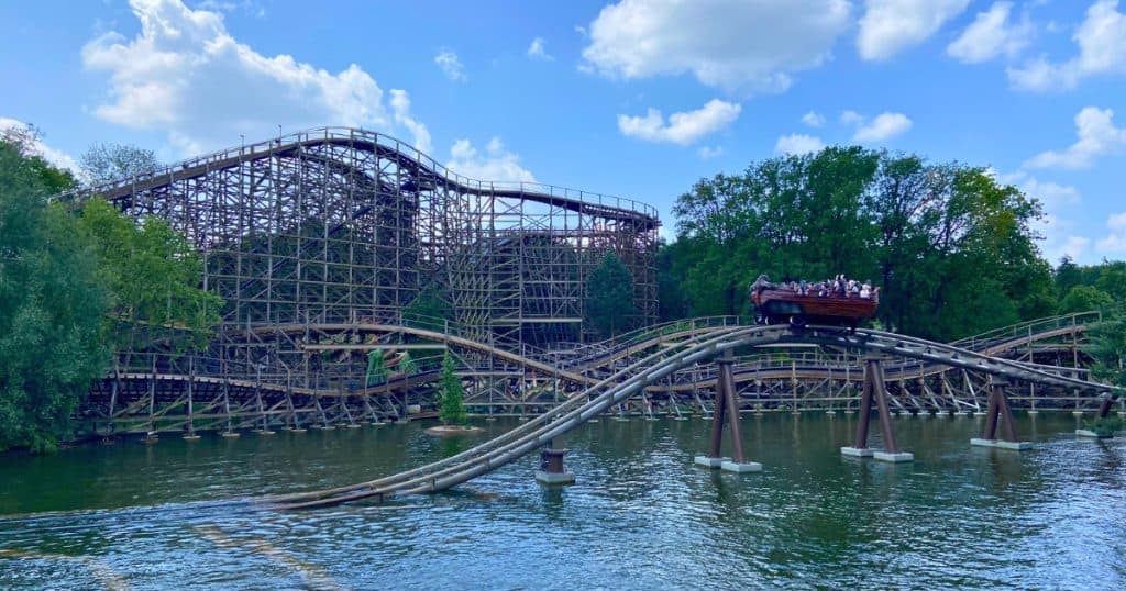 The Flying Dutchman landing and wooden roller coaster in the background Efteling.