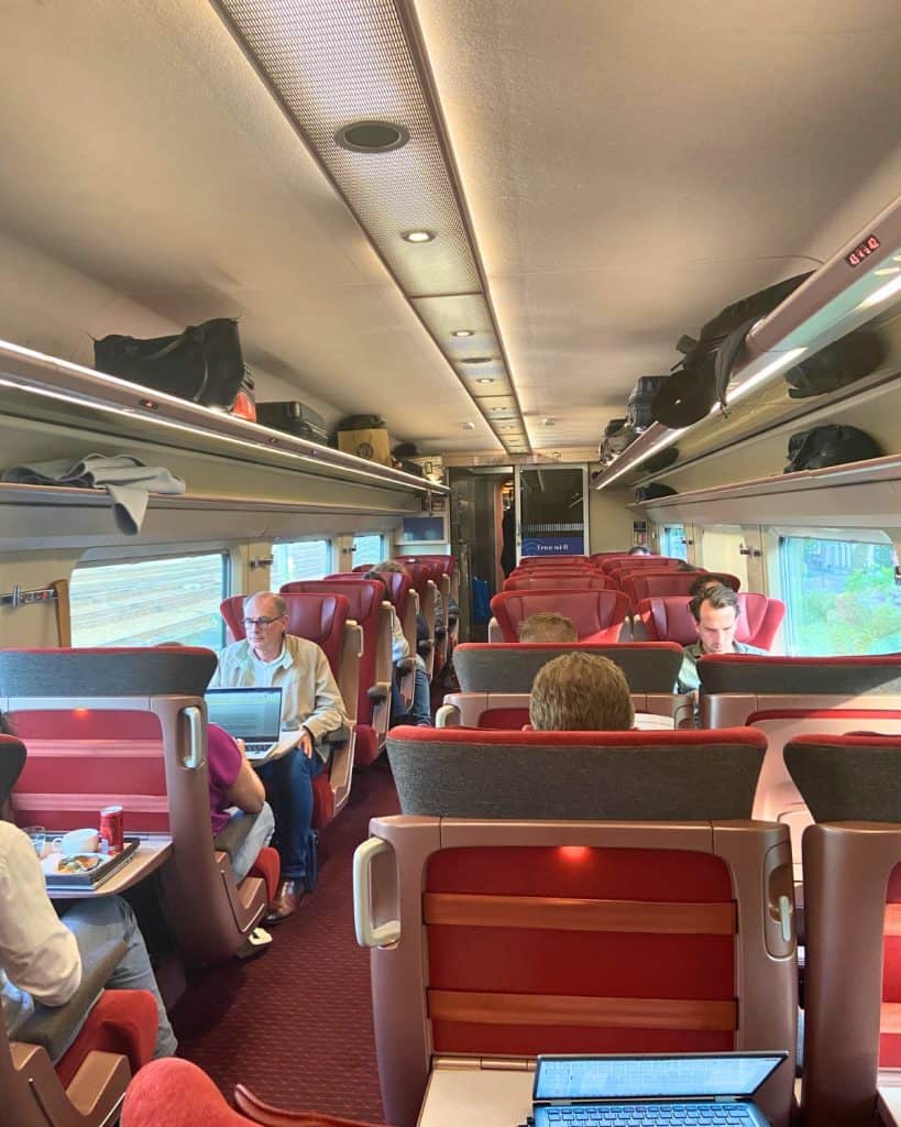 1st class compartment on Eurostar train from Amsterdam to Belgium.