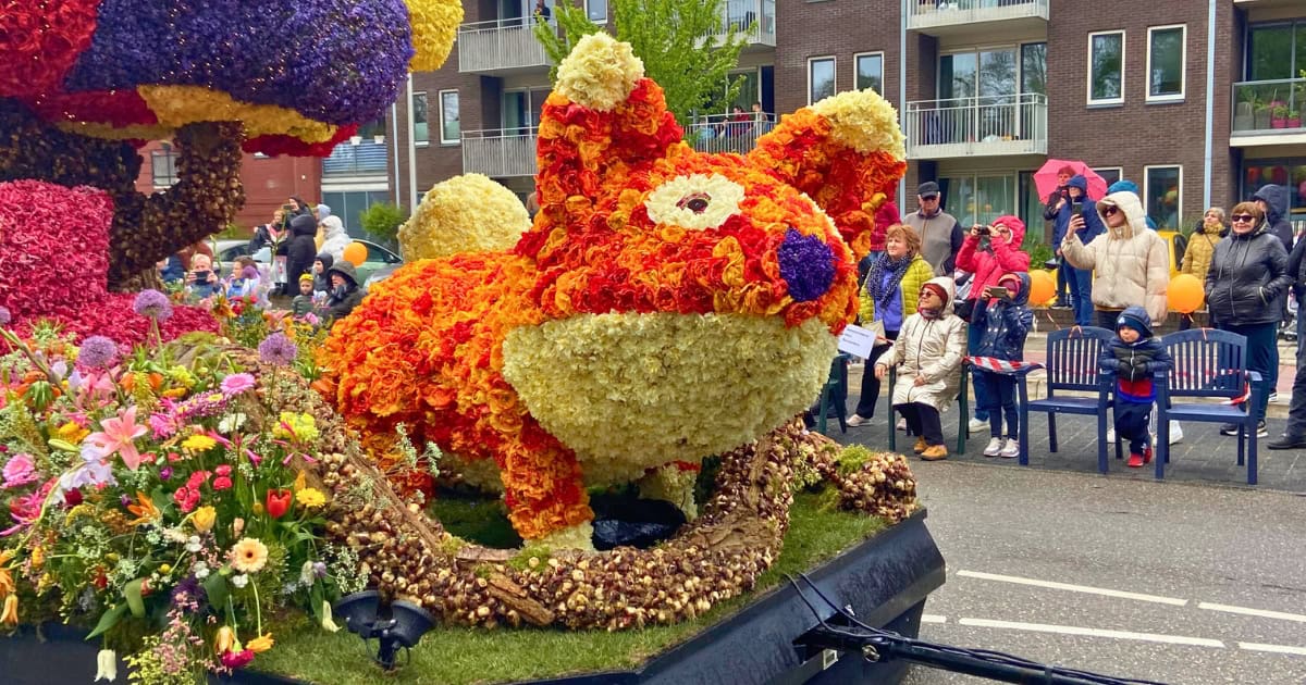 Flower parade fox and spectators on the side.