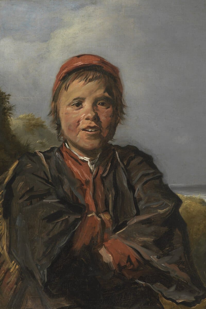 Painting by Frans Hals of a laughing fisher boy in a wide-brimmed hat and coarse jacket, turned toward the viewer against an open dune landscape, painted in loose, rapid brushstrokes.