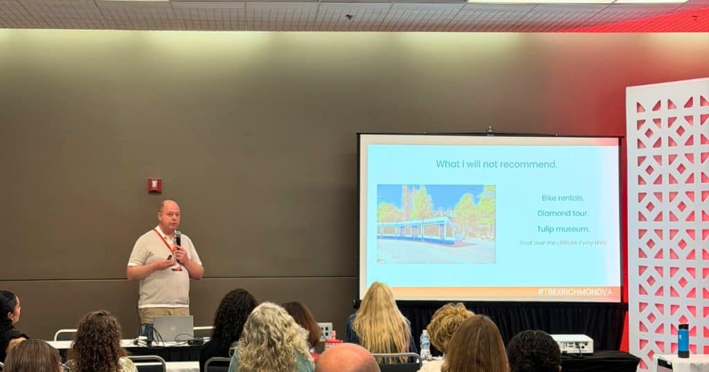 Gerrit speaking at TBEX North America 2026 in Richmond, VA.