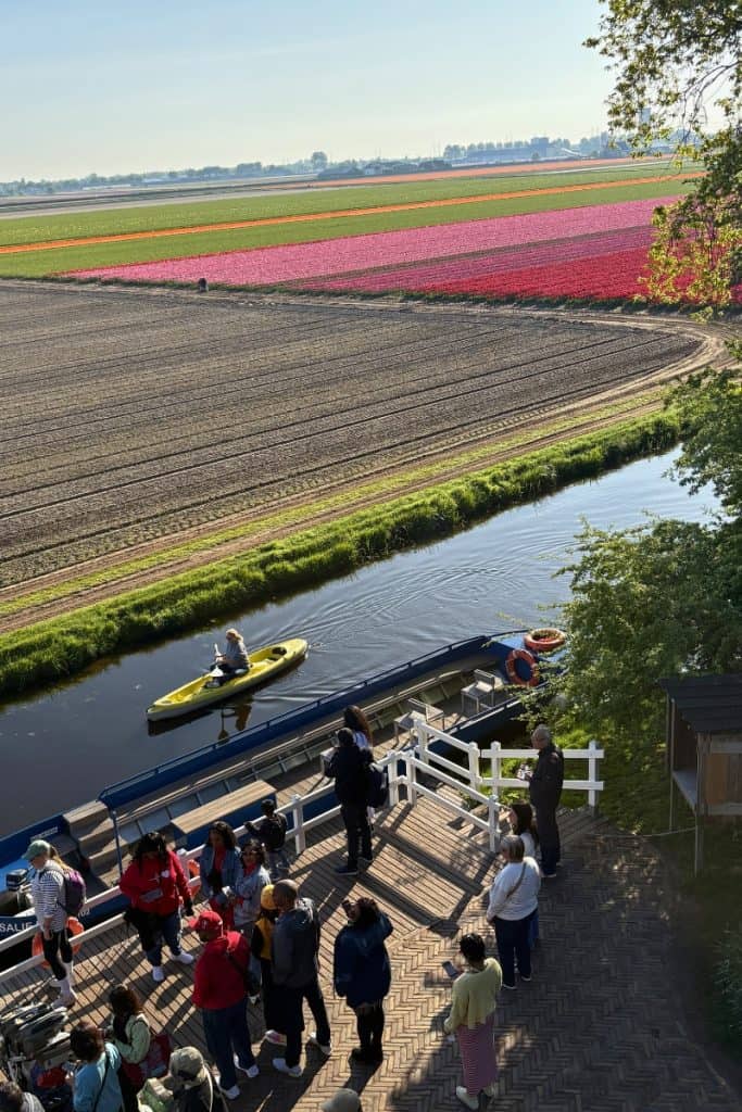 View from Keukenhof windmill towards the fields and boat tour.
