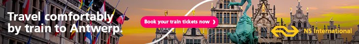 Banner for booking train tickets to Antwerp.