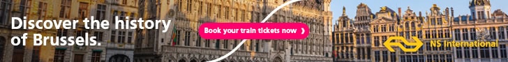 Banner for booking train tickets to Brussels.