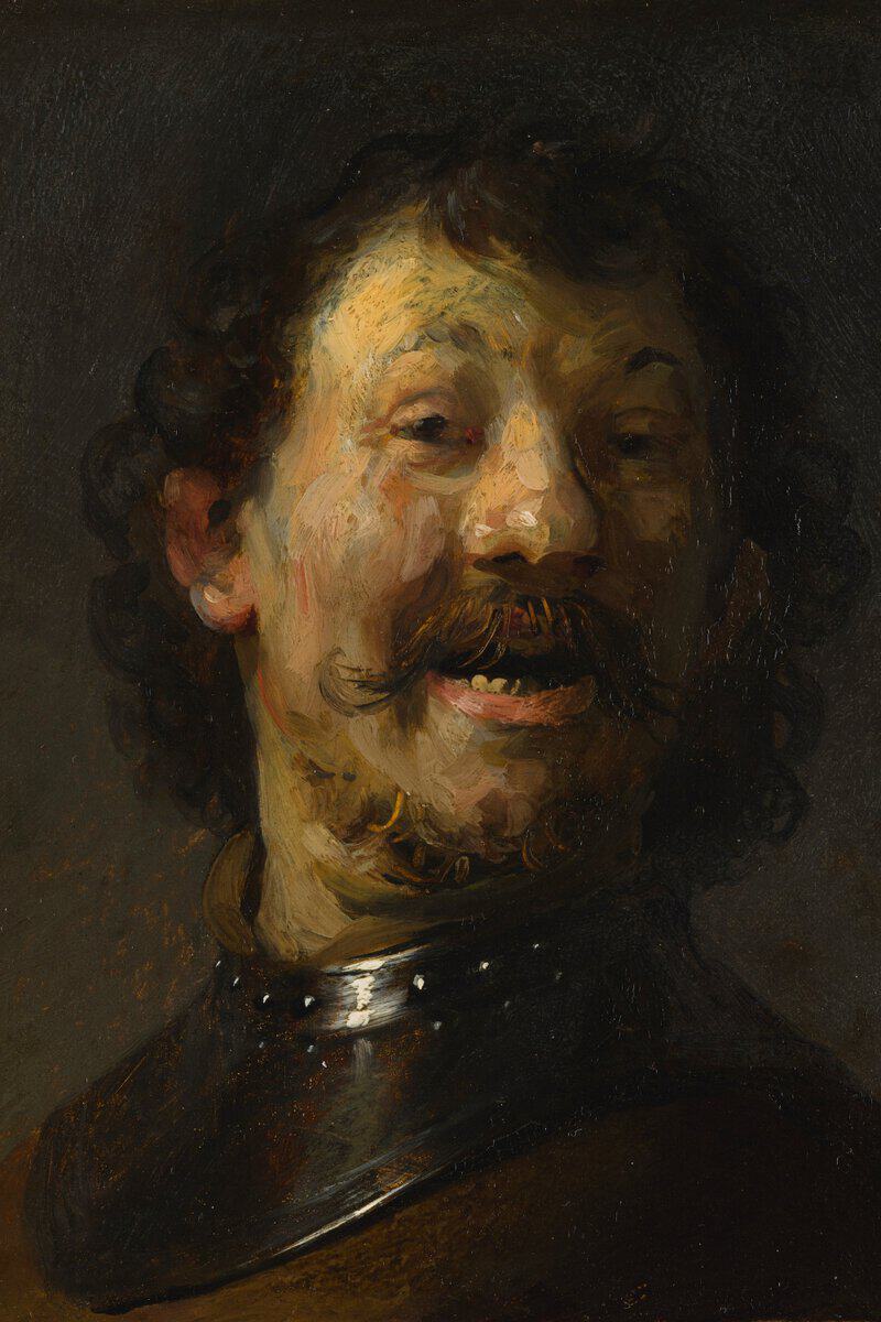Small painting on copper by Rembrandt showing a man laughing with his head tilted back and mouth open, wearing a metal gorget over his shoulders, lit sharply against a dark backgroun