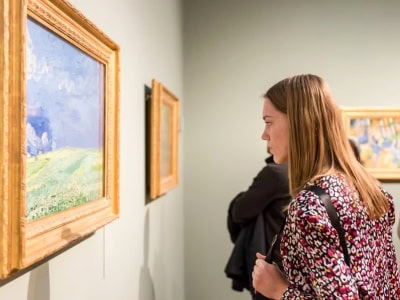 Van Gogh Museum in Amsterdam visitor looking at a painting.